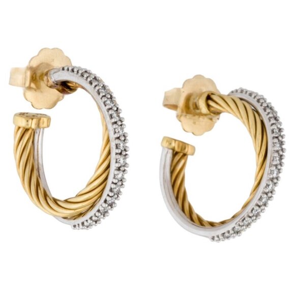 DAVID YURMAN 18K YELLOW GOLD & WHITE GOLD DIAMOND 0.51 CROSSOVER HOOP EARRINGS - Picture 2 of 7